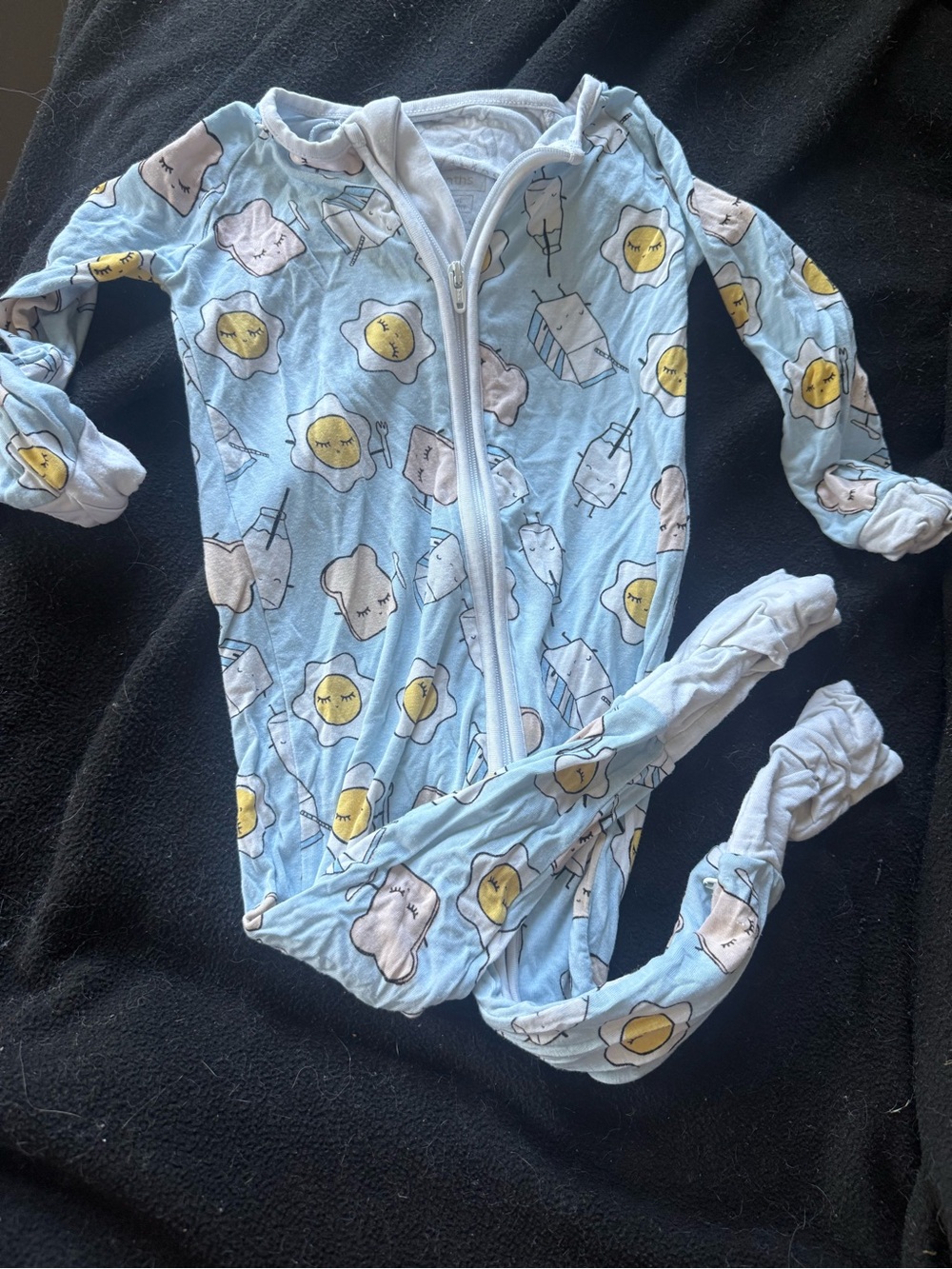 Simple Light Blue Footed One-Piece with Yellow Sunny Egg and Cream Cloud Print